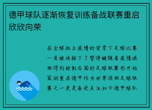 德甲球队逐渐恢复训练备战联赛重启欣欣向荣