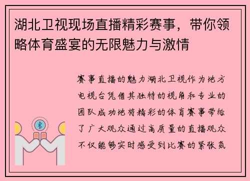 湖北卫视现场直播精彩赛事，带你领略体育盛宴的无限魅力与激情